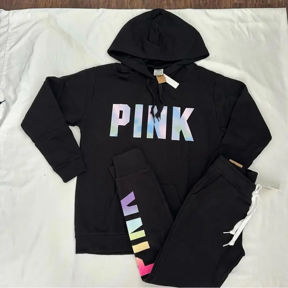 Victoria's Secret PINK Black Hoodie & Joggers with Iridescent Rainbow Logo